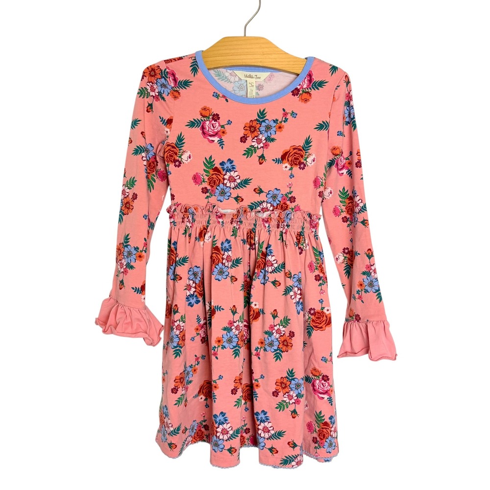 Matilda Jane Girls Pink Floral Long Sleeve Smocked Waist Dress Size 6